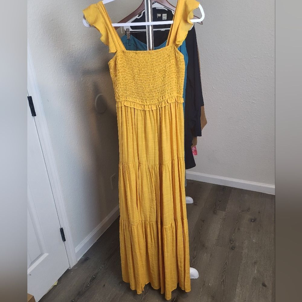 Nanette Lepor Yellow Smocked Tiered Maxi Ruffle Square Neck Dress 2